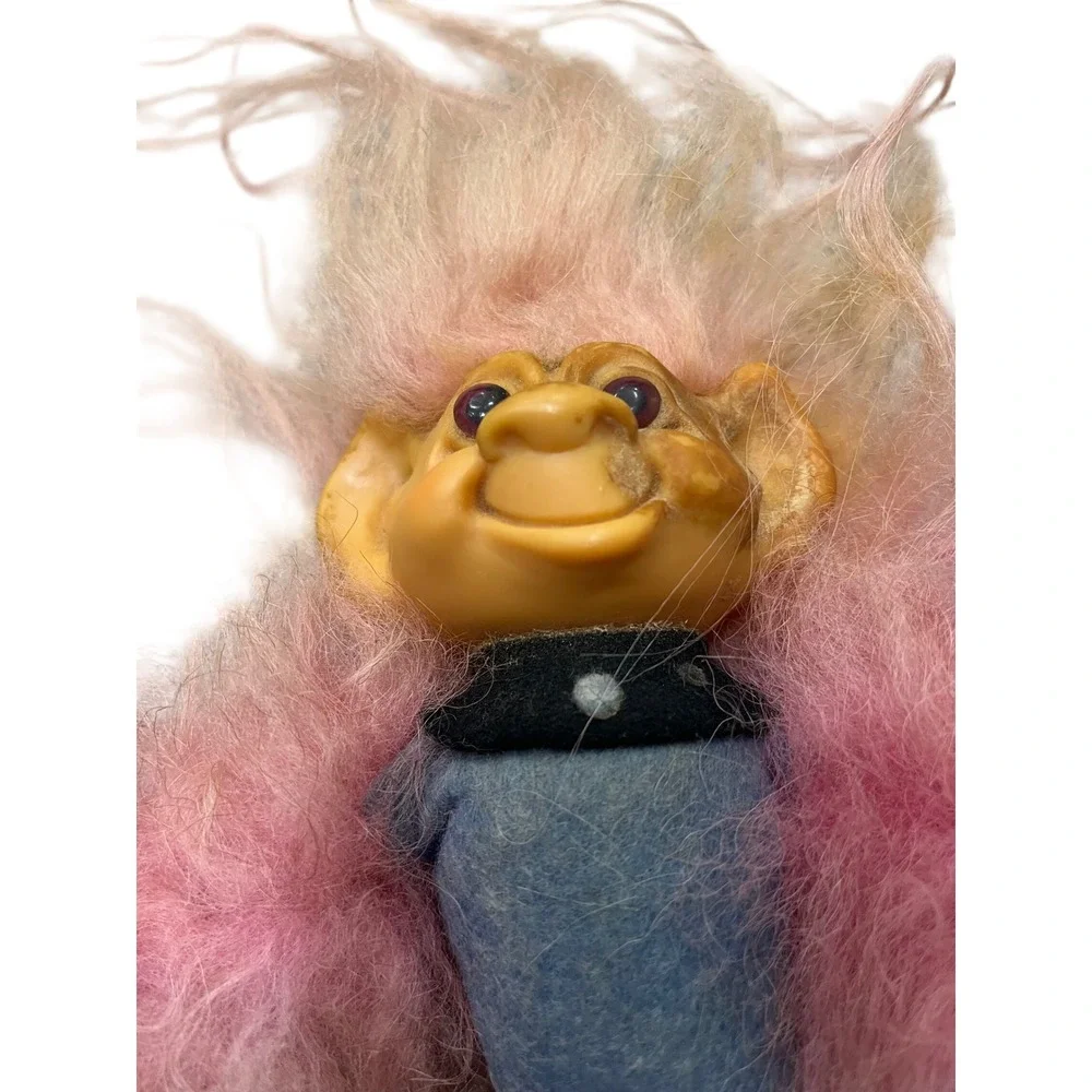 Vintage Scandia House Troll Doll Pink Shaggy Plush Blue Body Vinyl Face Denmark